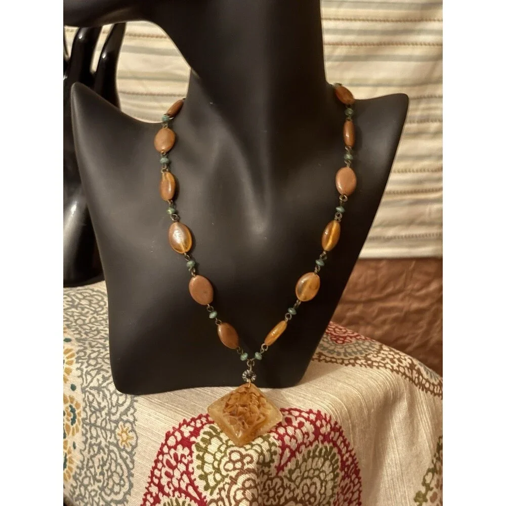 Vintage Carved Natural Butterscotch Amber Pendant Necklace Trade Bead - Picture 5 of 7